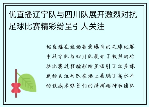 优直播辽宁队与四川队展开激烈对抗足球比赛精彩纷呈引人关注