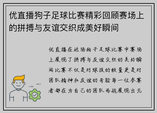 优直播狗子足球比赛精彩回顾赛场上的拼搏与友谊交织成美好瞬间