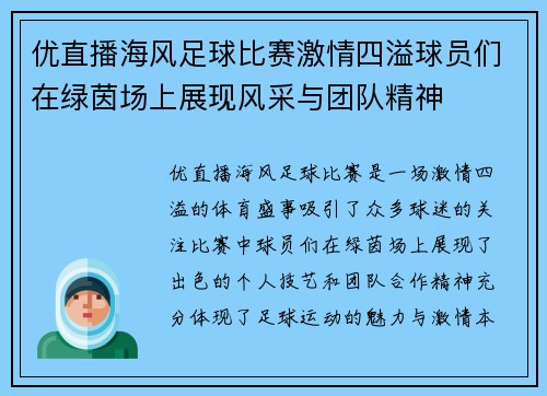 优直播海风足球比赛激情四溢球员们在绿茵场上展现风采与团队精神