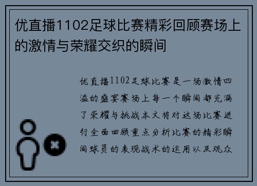 优直播1102足球比赛精彩回顾赛场上的激情与荣耀交织的瞬间